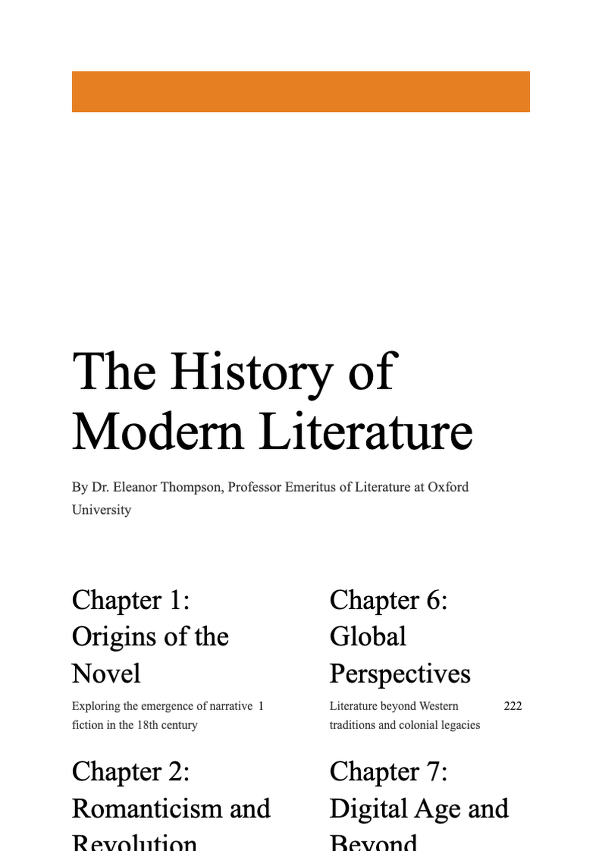 Book title page with orange header and chapter list template_variant_1